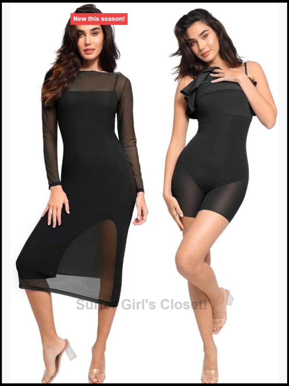 Shapewear Bodycon Dress with Built-In Bra - Mesh Long Sleeve Party